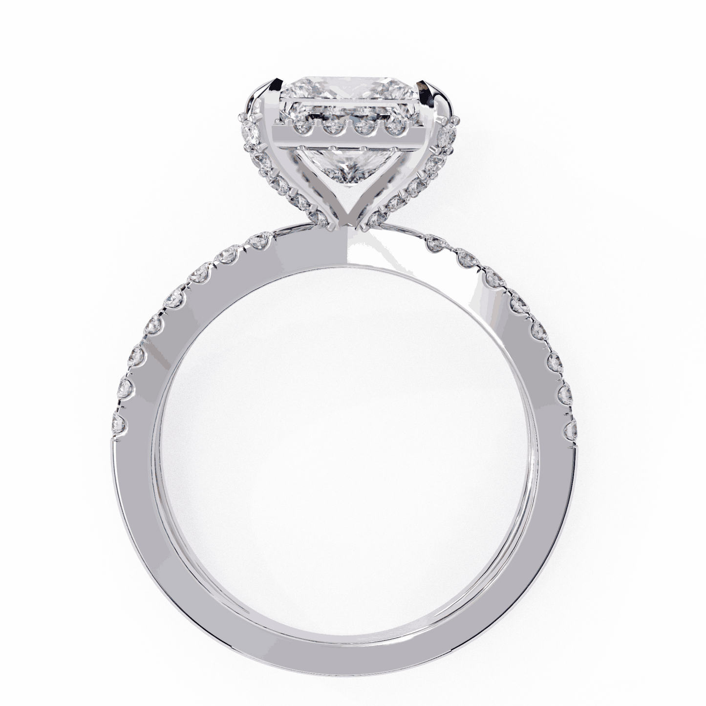 Princess Cut Lab Grown Diamond Hidden Halo Engagement Ring with Crossover Pavé Split Shank