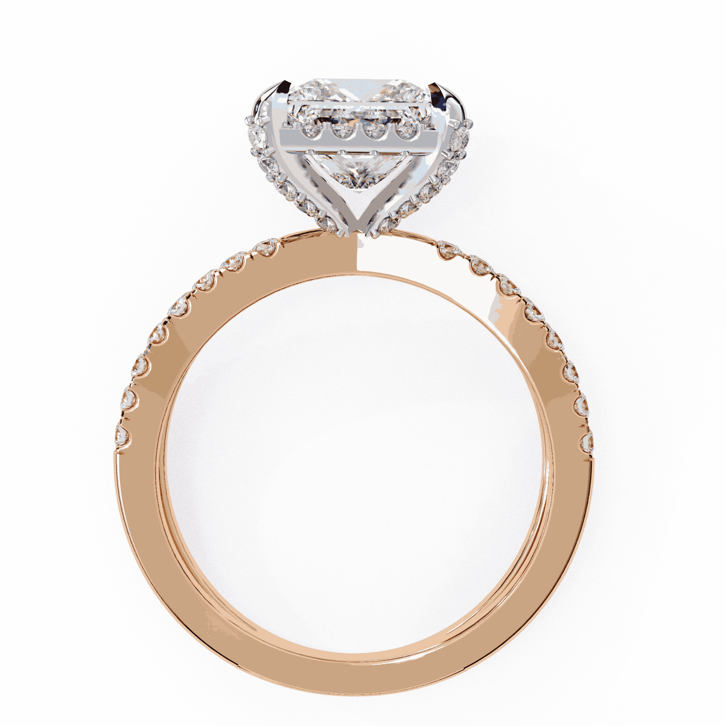 Princess Cut Lab Grown Diamond Hidden Halo Engagement Ring with Crossover Pavé Split Shank