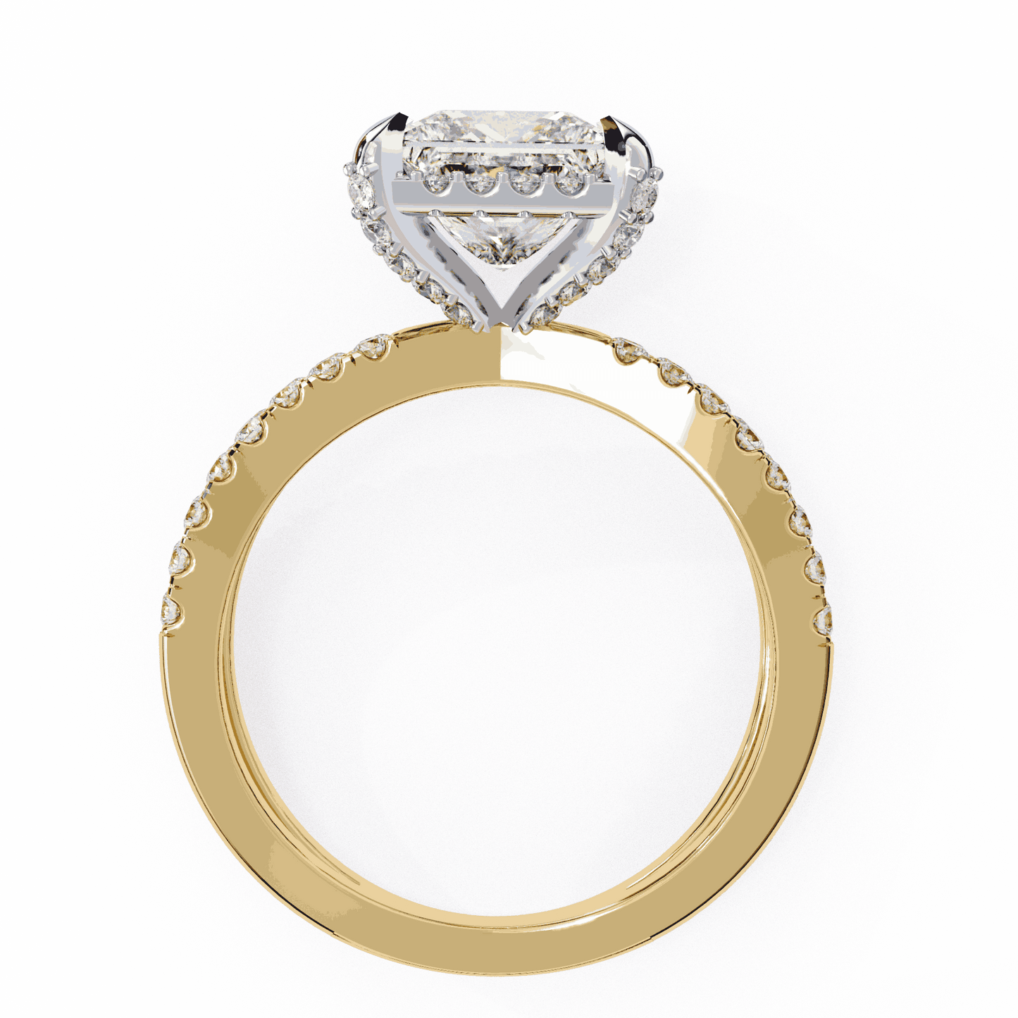 Princess Cut Lab Grown Diamond Hidden Halo Engagement Ring with Crossover Pavé Split Shank