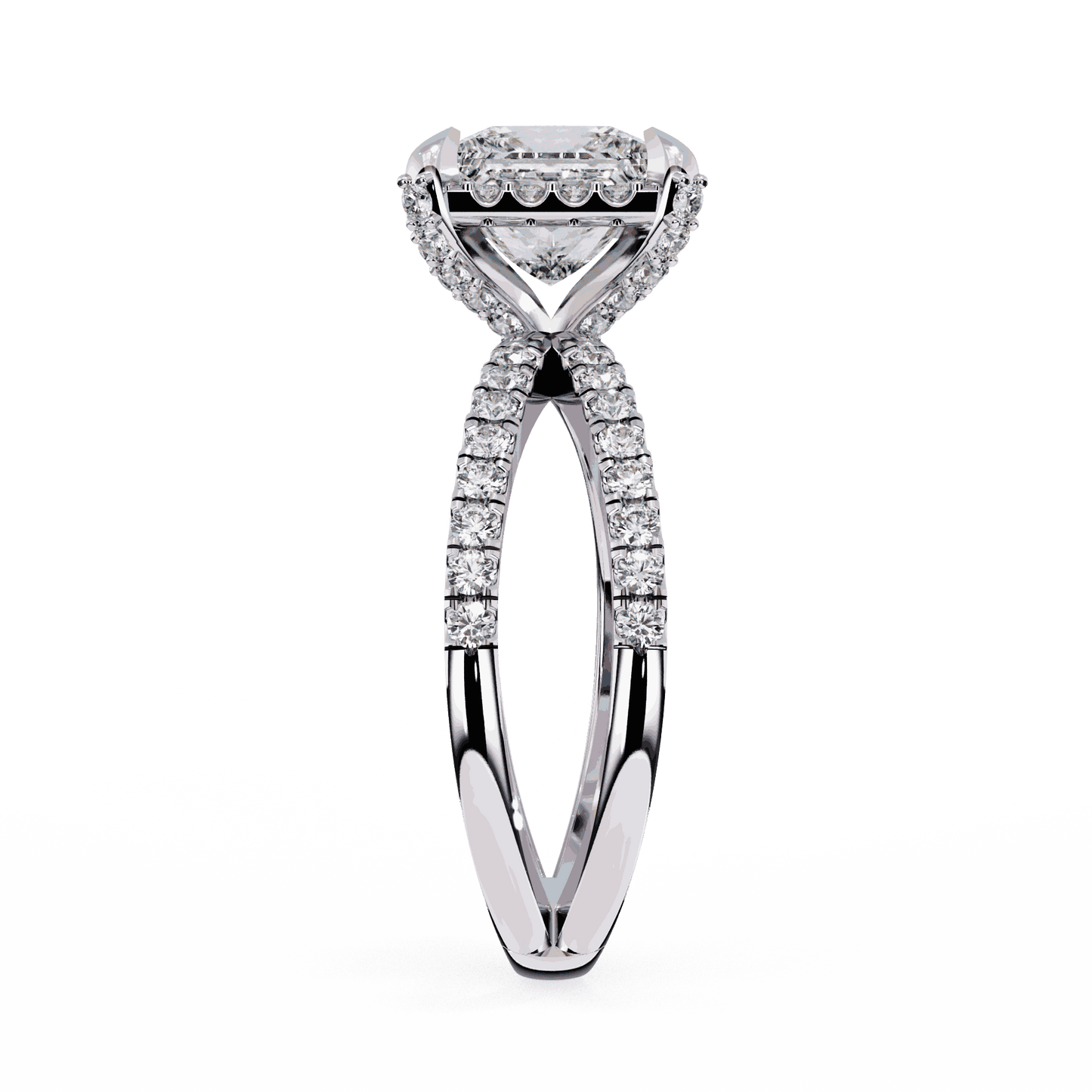 Princess Cut Lab Grown Diamond Hidden Halo Engagement Ring with Crossover Pavé Split Shank