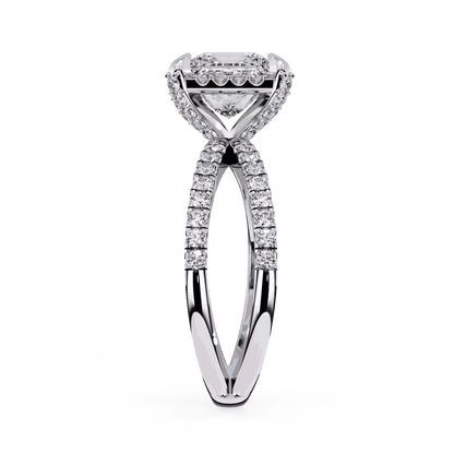 Princess Cut Lab Grown Diamond Hidden Halo Engagement Ring with Crossover Pavé Split Shank