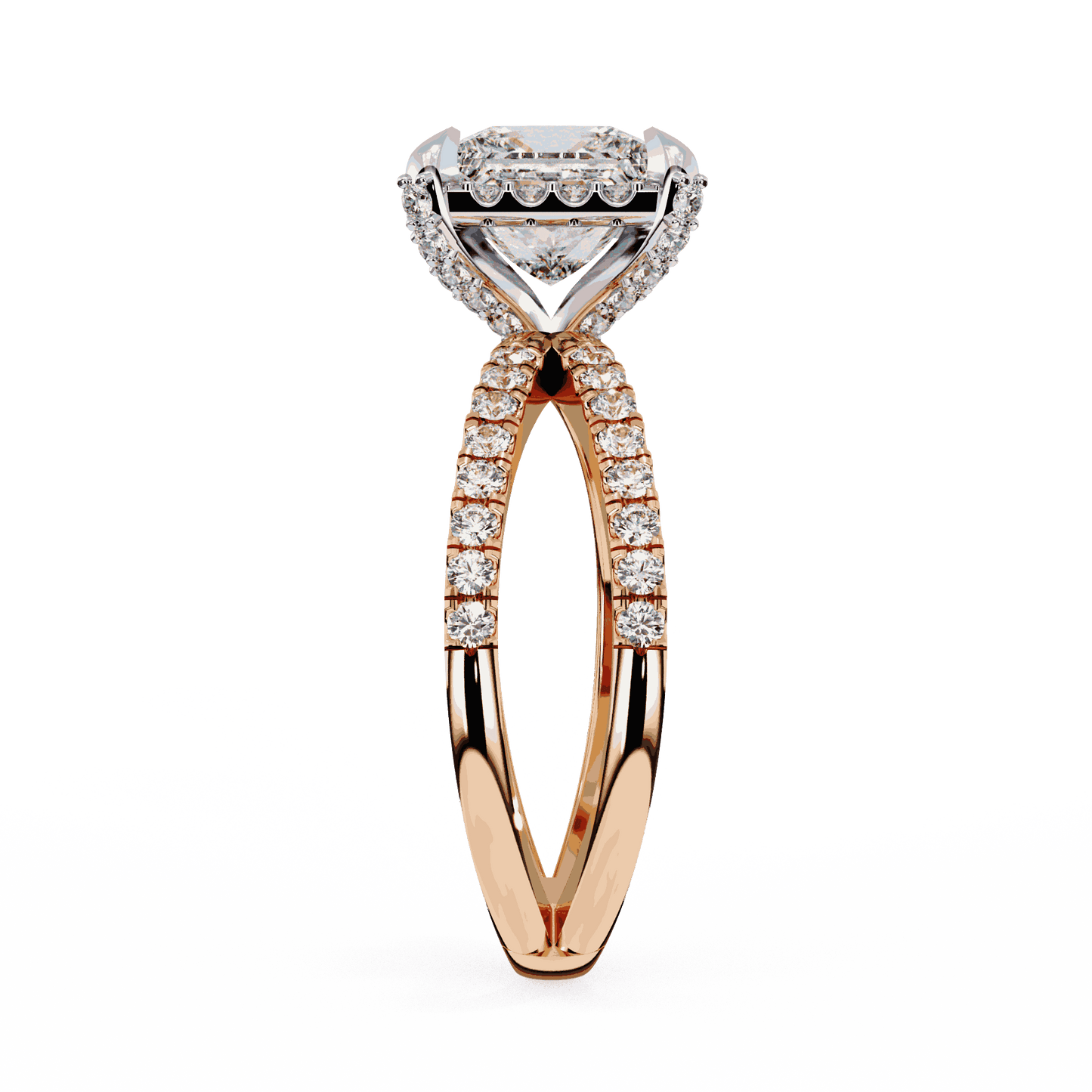 Princess Cut Lab Grown Diamond Hidden Halo Engagement Ring with Crossover Pavé Split Shank