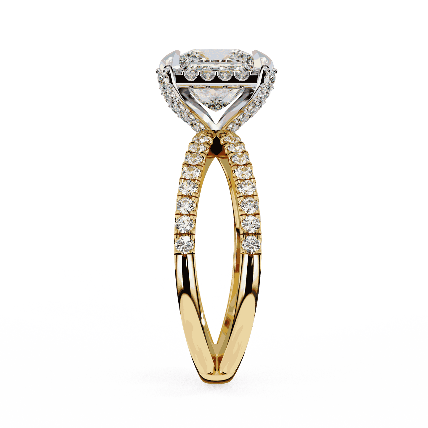 Princess Cut Lab Grown Diamond Hidden Halo Engagement Ring with Crossover Pavé Split Shank