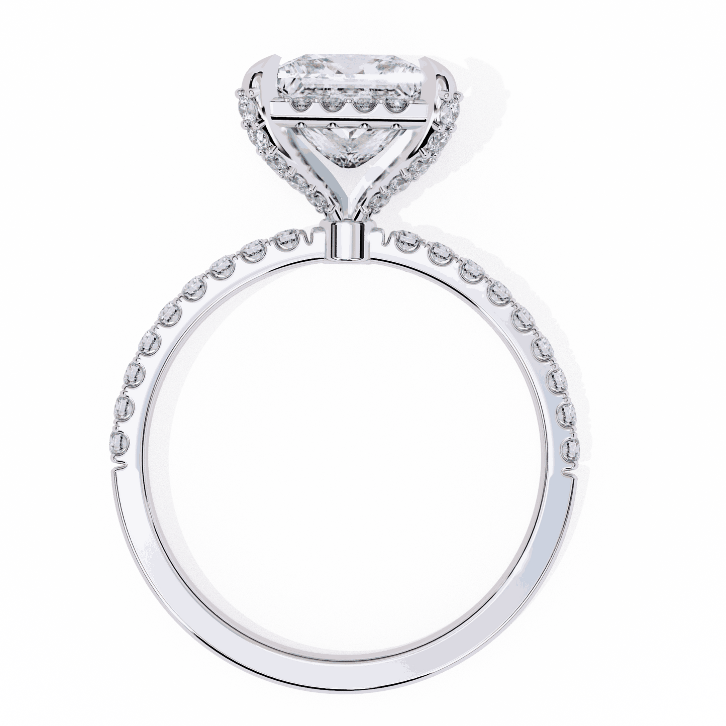 Princess Cut Lab Grown Diamond Hidden Halo Engagement Ring with Classic Pavé Band