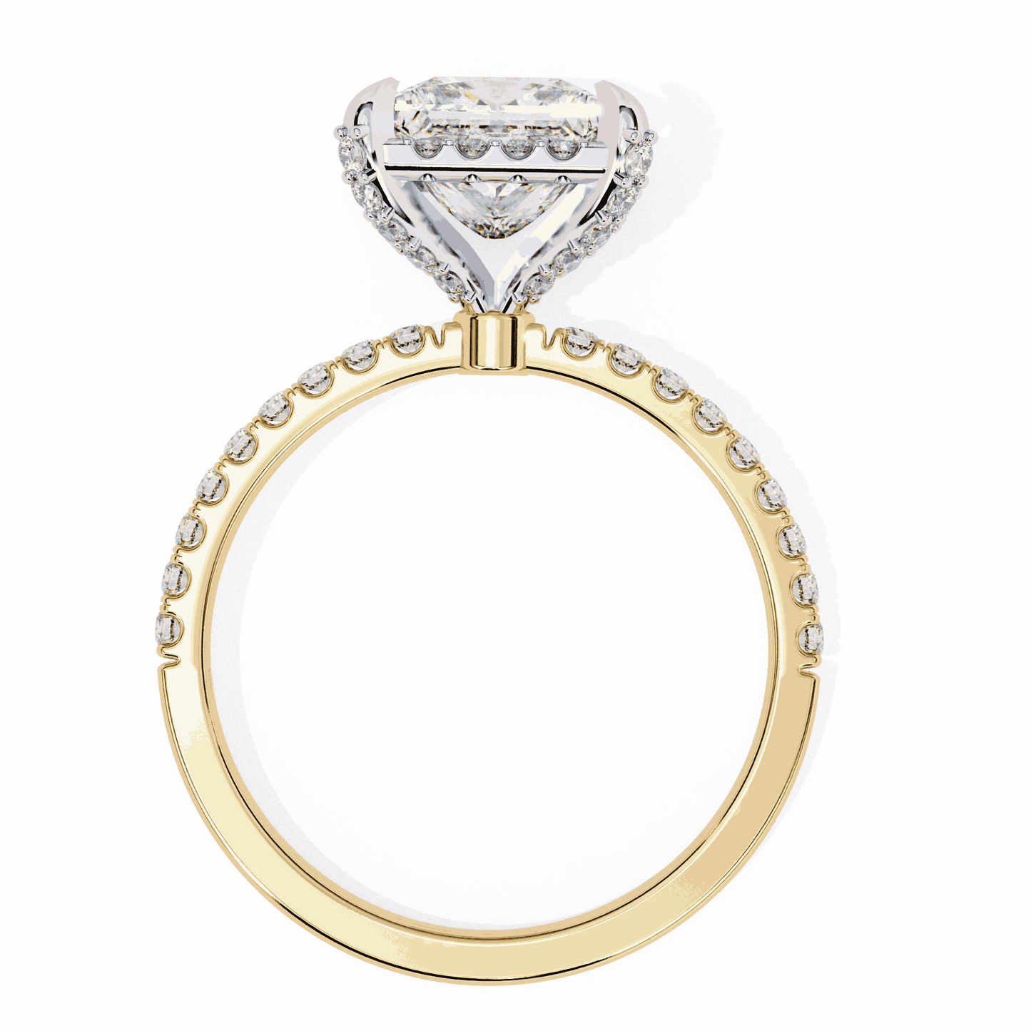 Princess Cut Lab Grown Diamond Hidden Halo Engagement Ring with Classic Pavé Band