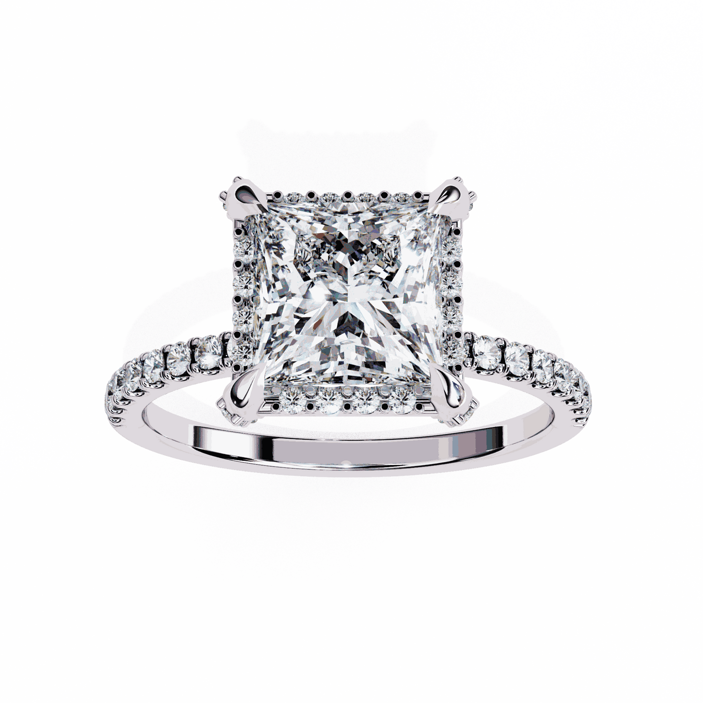 Princess Cut Lab Grown Diamond Hidden Halo Engagement Ring with Classic Pavé Band