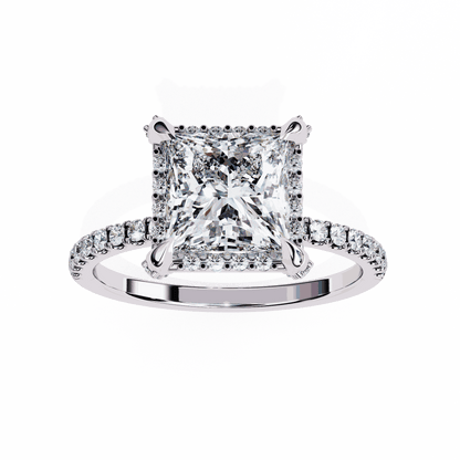 Princess Cut Lab Grown Diamond Hidden Halo Engagement Ring with Classic Pavé Band
