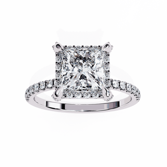 Princess Cut Lab Grown Diamond Hidden Halo Engagement Ring with Classic Pavé Band