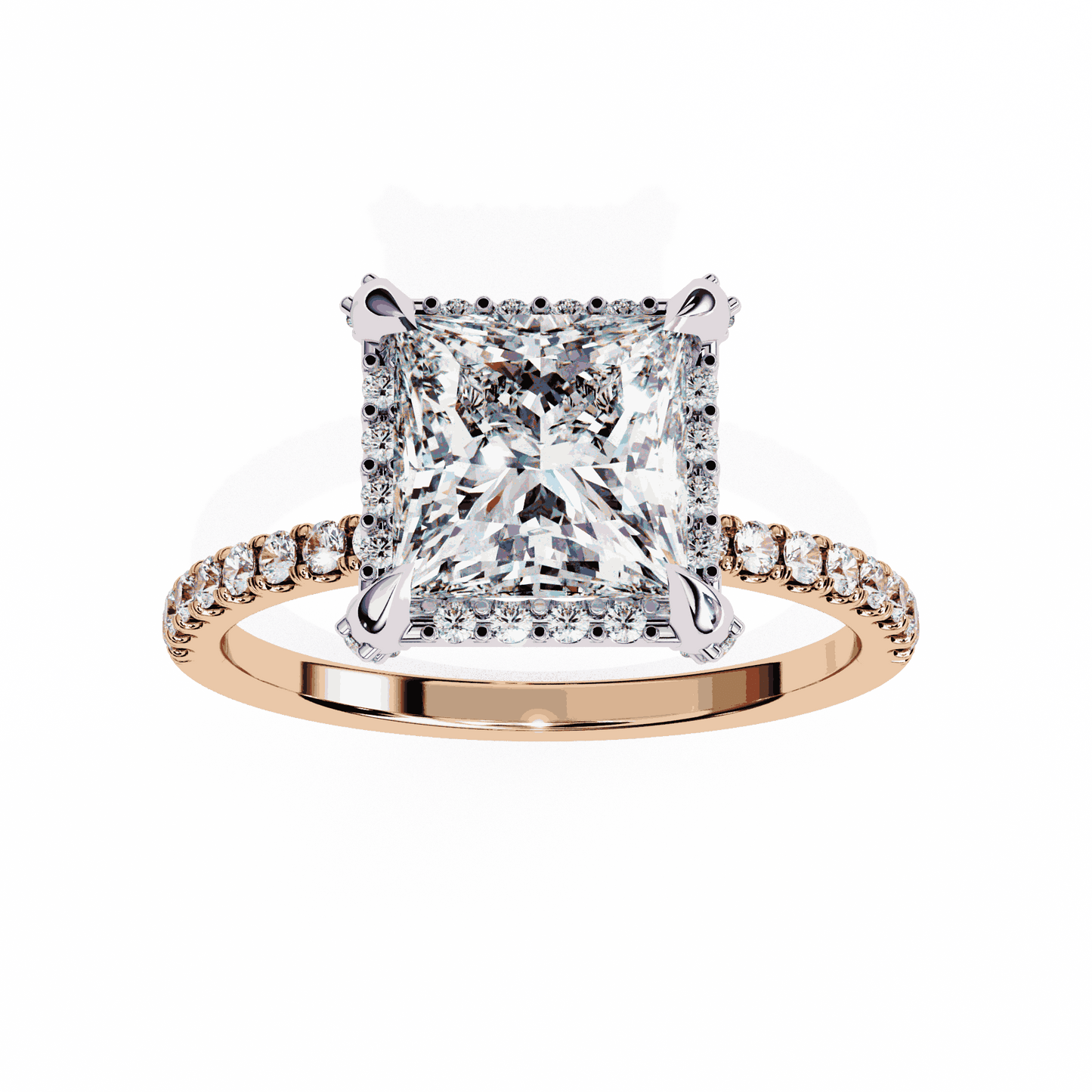 Princess Cut Lab Grown Diamond Hidden Halo Engagement Ring with Classic Pavé Band