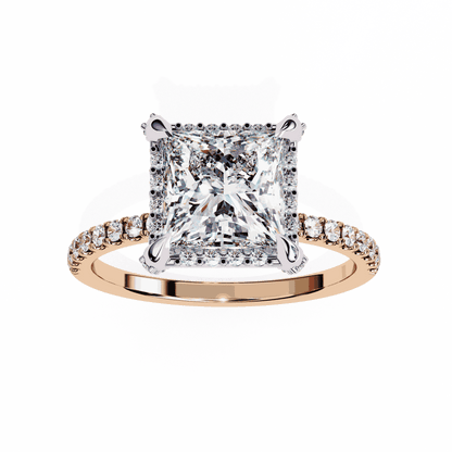 Princess Cut Lab Grown Diamond Hidden Halo Engagement Ring with Classic Pavé Band