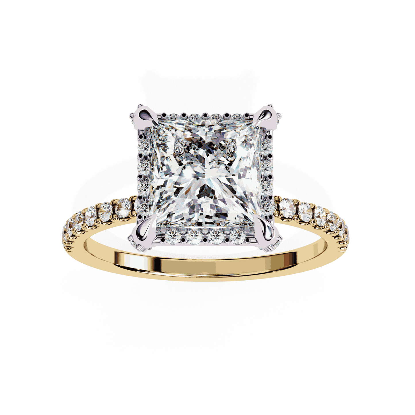 Princess Cut Lab Grown Diamond Hidden Halo Engagement Ring with Classic Pavé Band