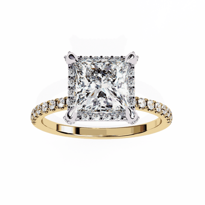 Princess Cut Lab Grown Diamond Hidden Halo Engagement Ring with Classic Pavé Band