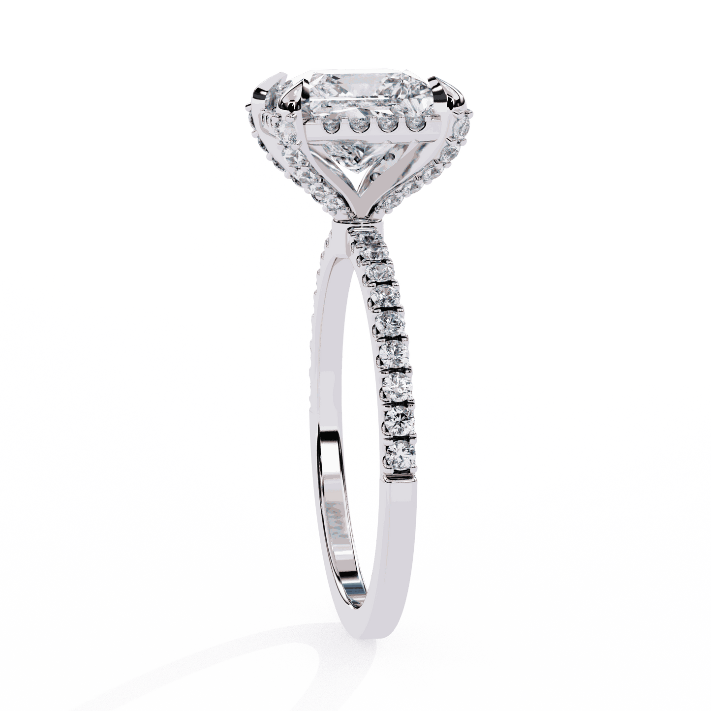 Princess Cut Lab Grown Diamond Hidden Halo Engagement Ring with Classic Pavé Band