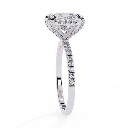 Princess Cut Lab Grown Diamond Hidden Halo Engagement Ring with Classic Pavé Band