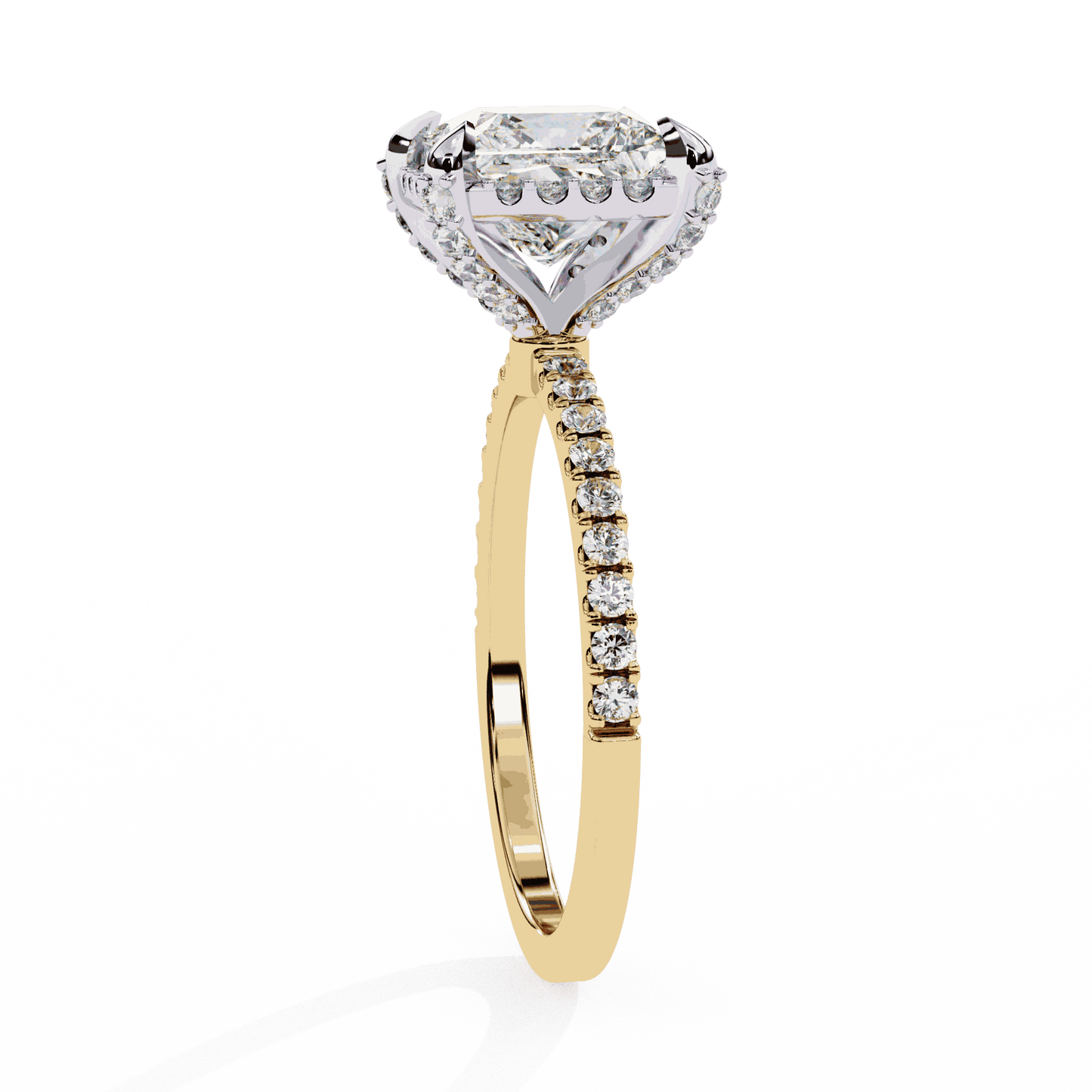Princess Cut Lab Grown Diamond Hidden Halo Engagement Ring with Classic Pavé Band