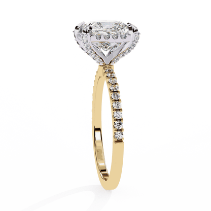 Princess Cut Lab Grown Diamond Hidden Halo Engagement Ring with Classic Pavé Band