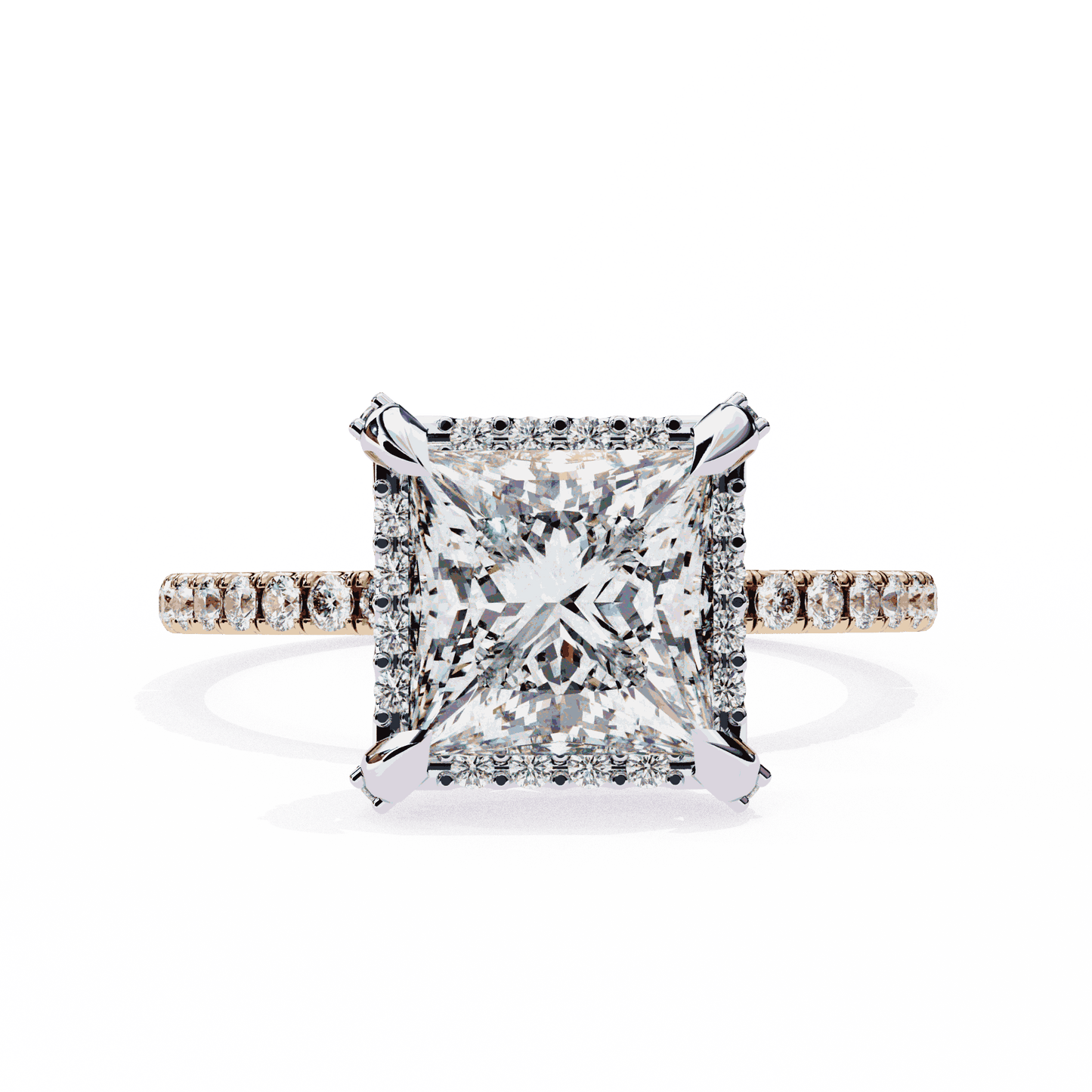 Princess Cut Lab Grown Diamond Hidden Halo Engagement Ring with Classic Pavé Band