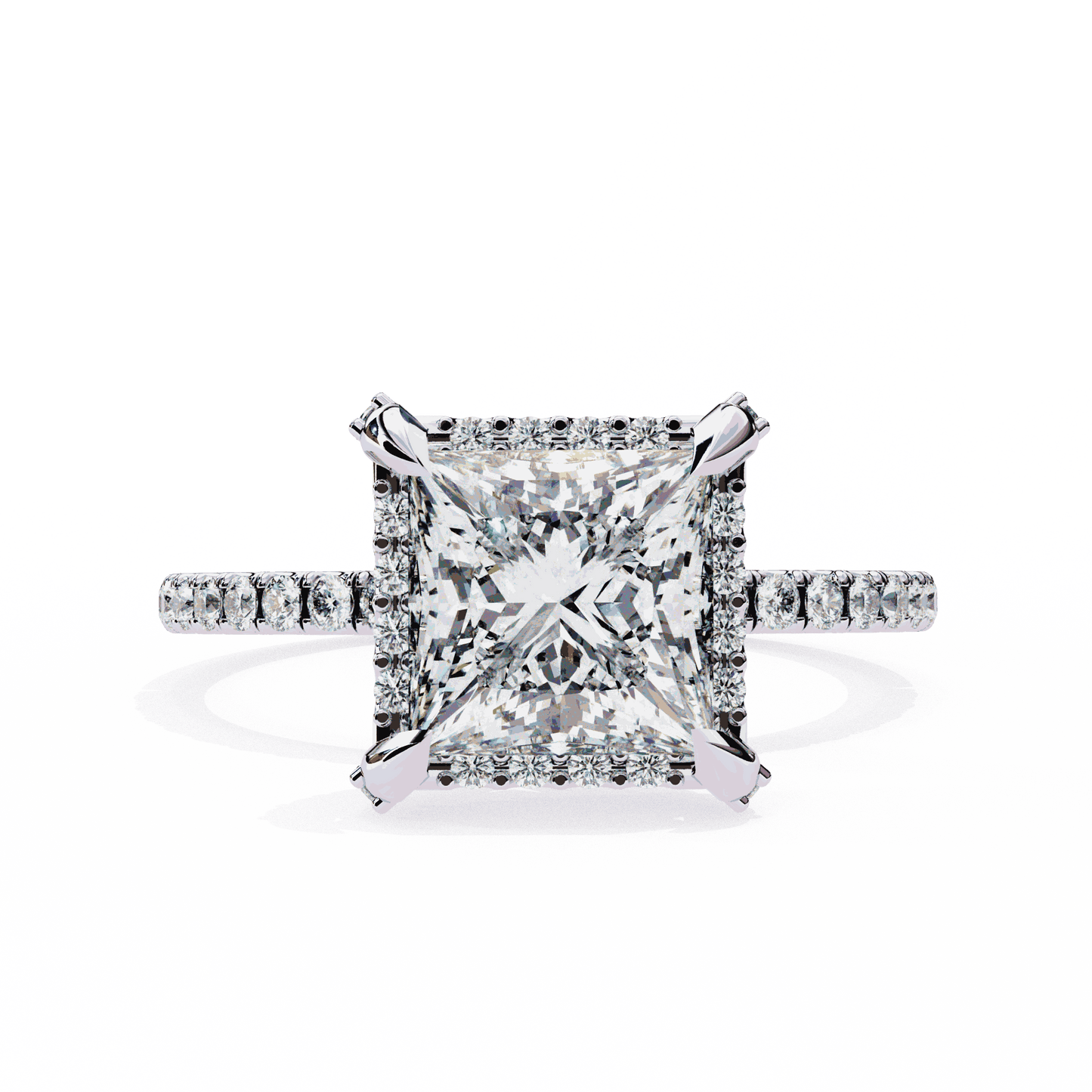 Princess Cut Lab Grown Diamond Hidden Halo Engagement Ring with Classic Pavé Band