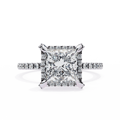 Princess Cut Lab Grown Diamond Hidden Halo Engagement Ring with Classic Pavé Band