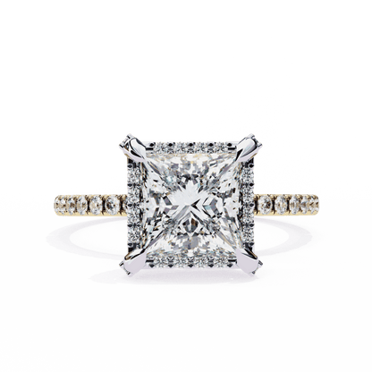 Princess Cut Lab Grown Diamond Hidden Halo Engagement Ring with Classic Pavé Band