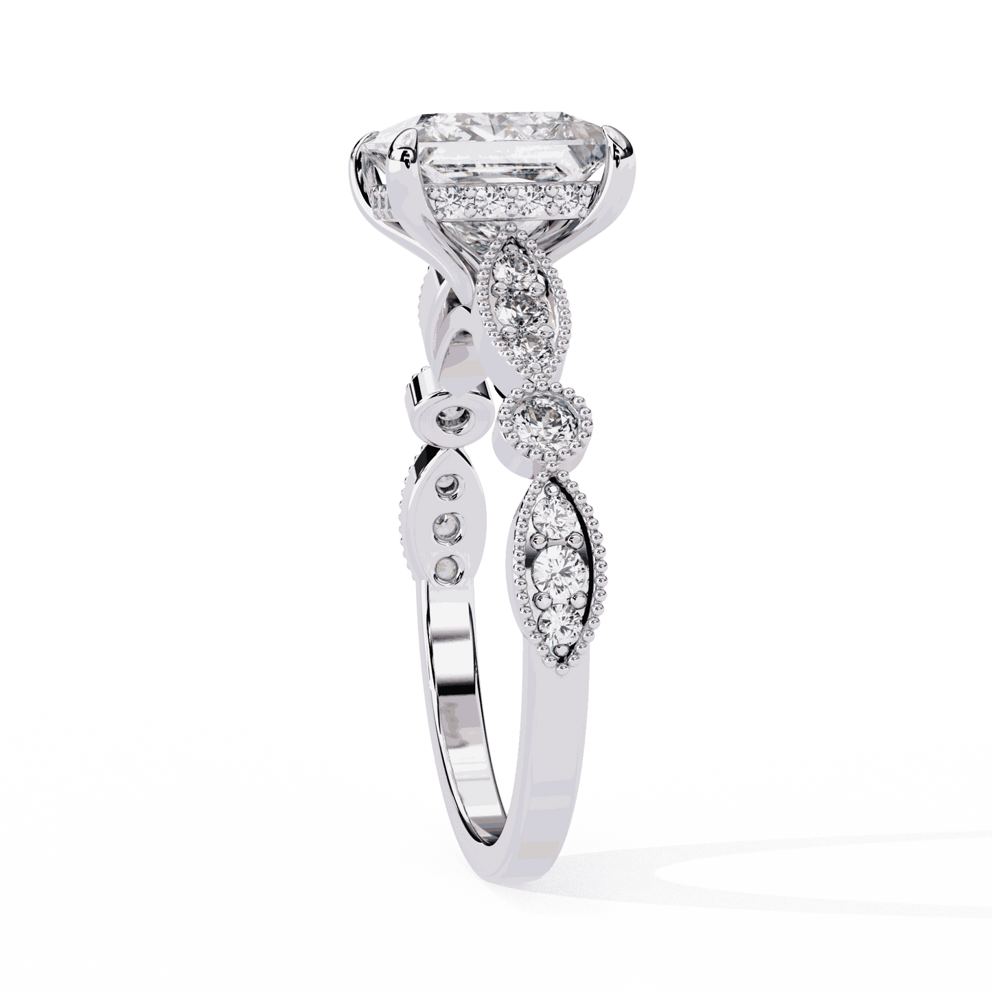 Princess Cut Lab Grown Diamond Engagement Ring with Vintage Milgrain Diamond Shoulders