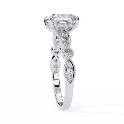 Princess Cut Lab Grown Diamond Engagement Ring with Vintage Milgrain Diamond Shoulders