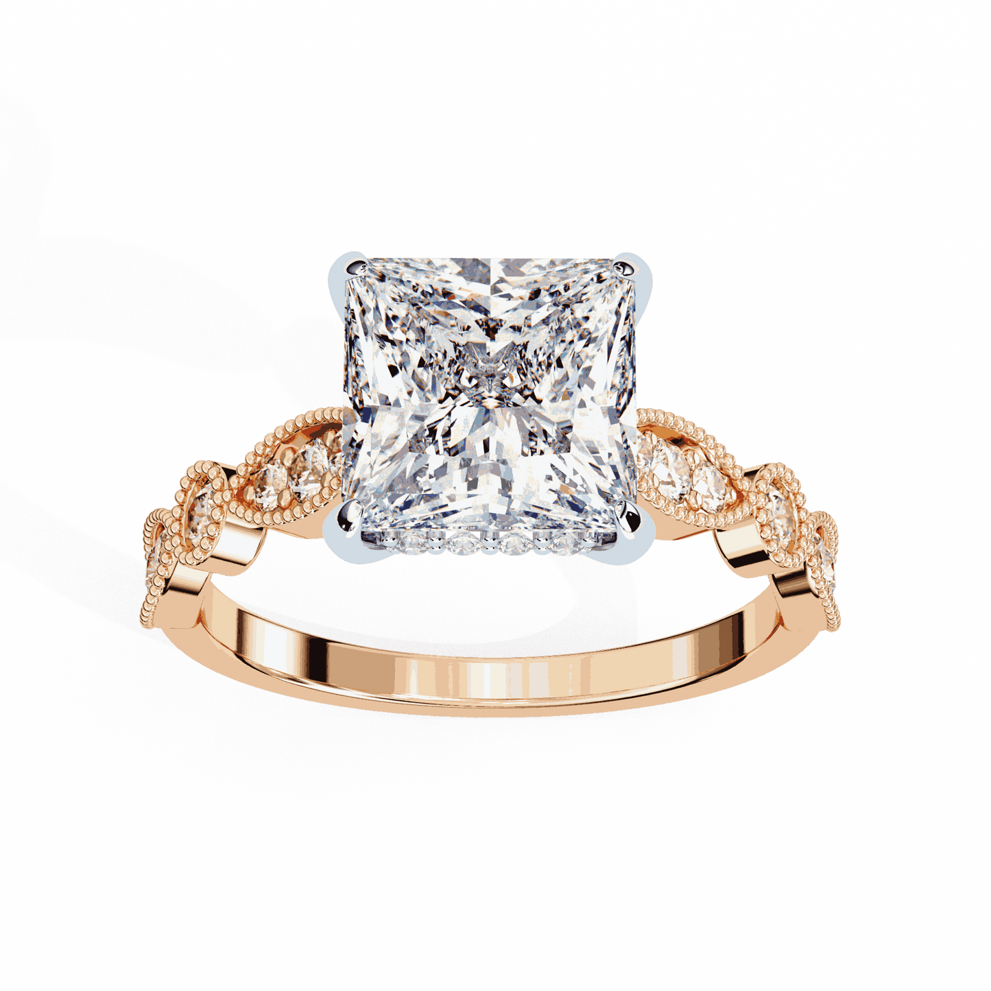 Princess Cut Lab Grown Diamond Engagement Ring with Vintage Milgrain Diamond Shoulders