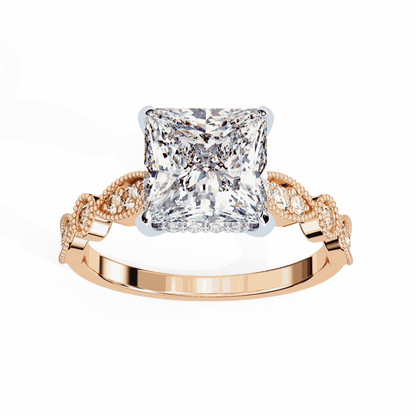 Princess Cut Lab Grown Diamond Engagement Ring with Vintage Milgrain Diamond Shoulders