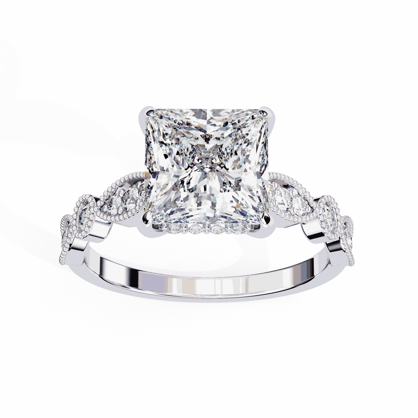 Princess Cut Lab Grown Diamond Engagement Ring with Vintage Milgrain Diamond Shoulders
