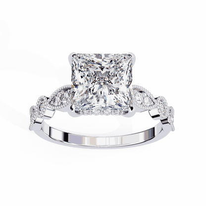 Princess Cut Lab Grown Diamond Engagement Ring with Vintage Milgrain Diamond Shoulders