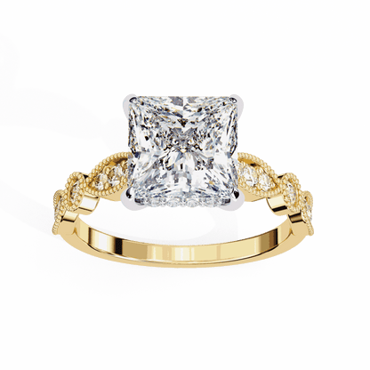 Princess Cut Lab Grown Diamond Engagement Ring with Vintage Milgrain Diamond Shoulders