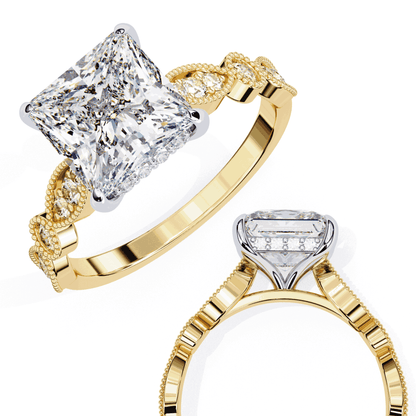 Princess Cut Lab Grown Diamond Engagement Ring with Vintage Milgrain Diamond Shoulders