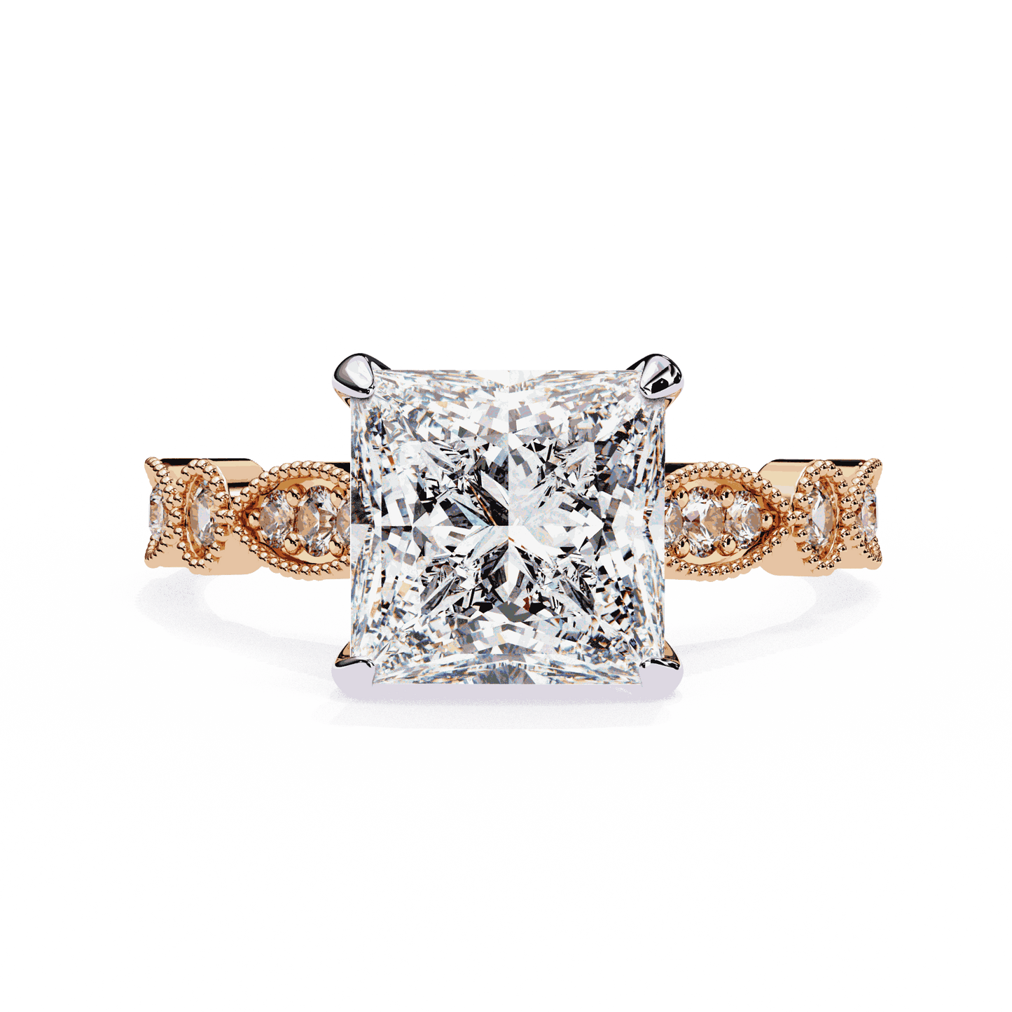 Princess Cut Lab Grown Diamond Engagement Ring with Vintage Milgrain Diamond Shoulders