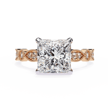 Princess Cut Lab Grown Diamond Engagement Ring with Vintage Milgrain Diamond Shoulders