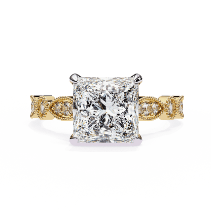 Princess Cut Lab Grown Diamond Engagement Ring with Vintage Milgrain Diamond Shoulders