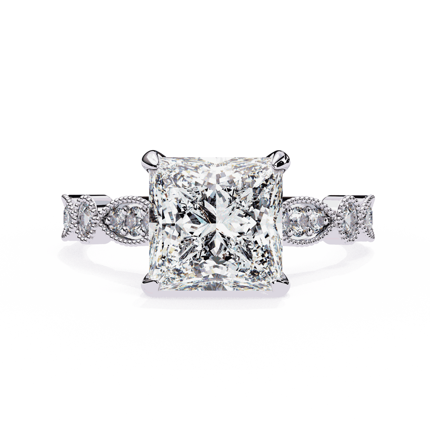 Princess Cut Lab Grown Diamond Engagement Ring with Vintage Milgrain Diamond Shoulders