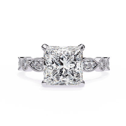 Princess Cut Lab Grown Diamond Engagement Ring with Vintage Milgrain Diamond Shoulders