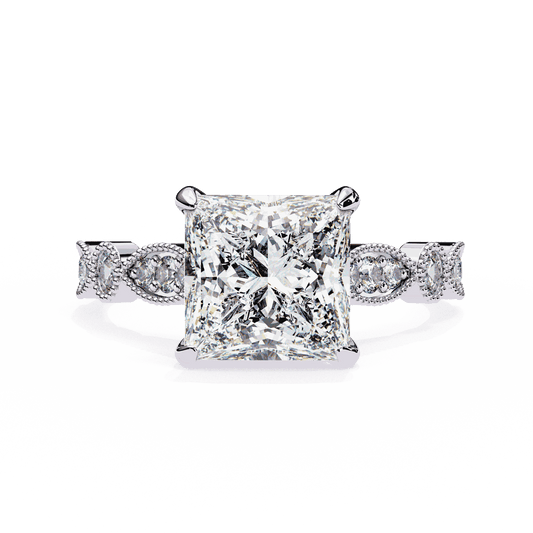 Princess Cut Lab Grown Diamond Engagement Ring with Vintage Milgrain Diamond Shoulders