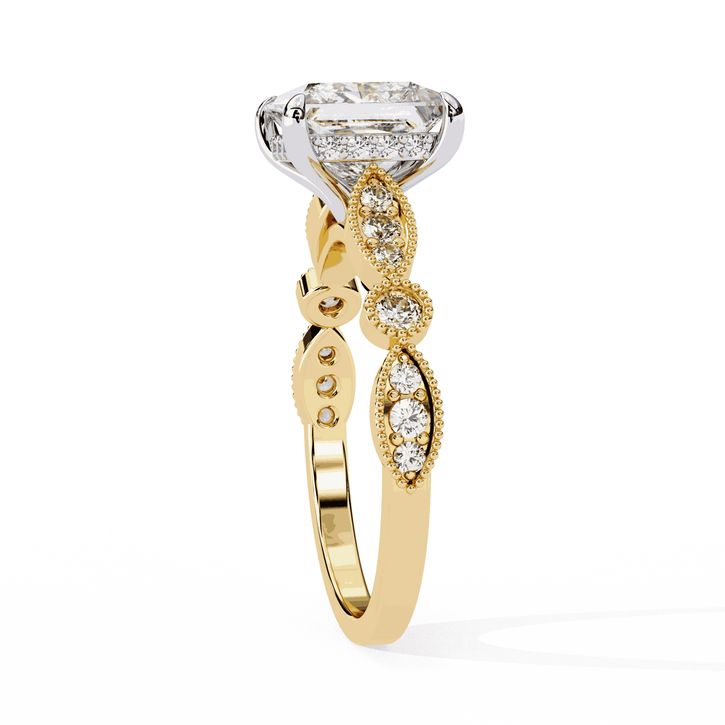 Princess Cut Lab Grown Diamond Engagement Ring with Vintage Milgrain Diamond Shoulders