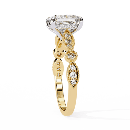 Princess Cut Lab Grown Diamond Engagement Ring with Vintage Milgrain Diamond Shoulders