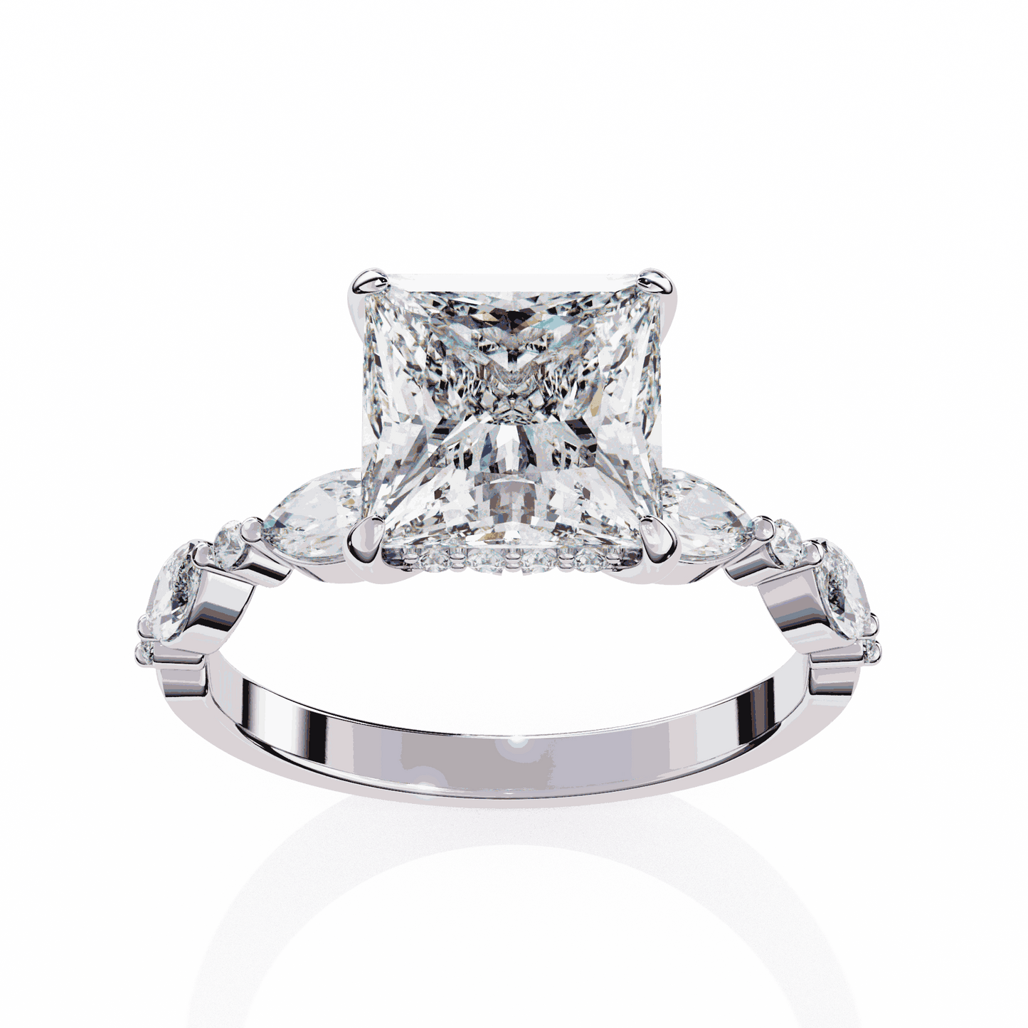Princess Cut Lab Grown Diamond Hidden Halo Engagement Ring with Alternating Marquise and Round Accents