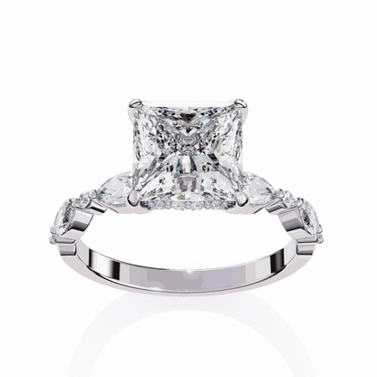 Princess Cut Lab Grown Diamond Hidden Halo Engagement Ring with Alternating Marquise and Round Accents