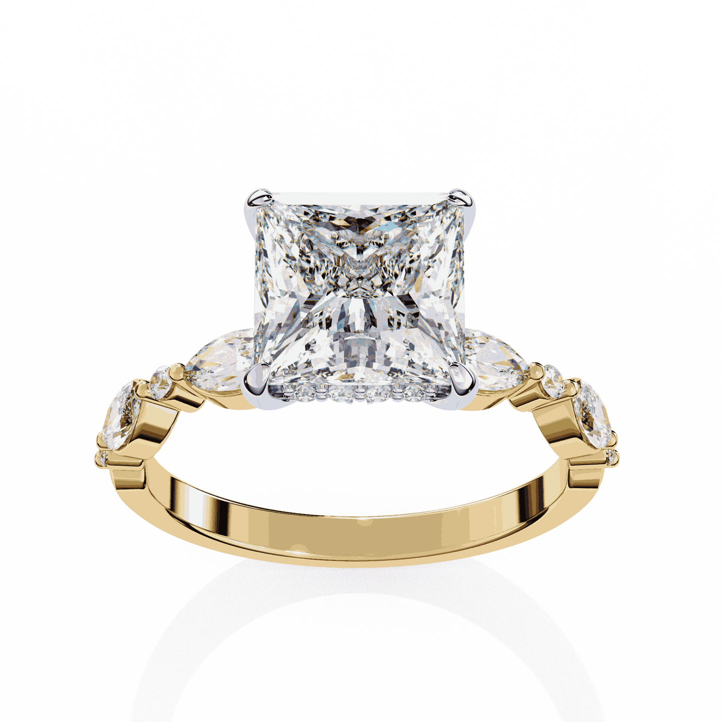 Princess Cut Lab Grown Diamond Hidden Halo Engagement Ring with Alternating Marquise and Round Accents