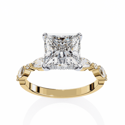 Princess Cut Lab Grown Diamond Hidden Halo Engagement Ring with Alternating Marquise and Round Accents