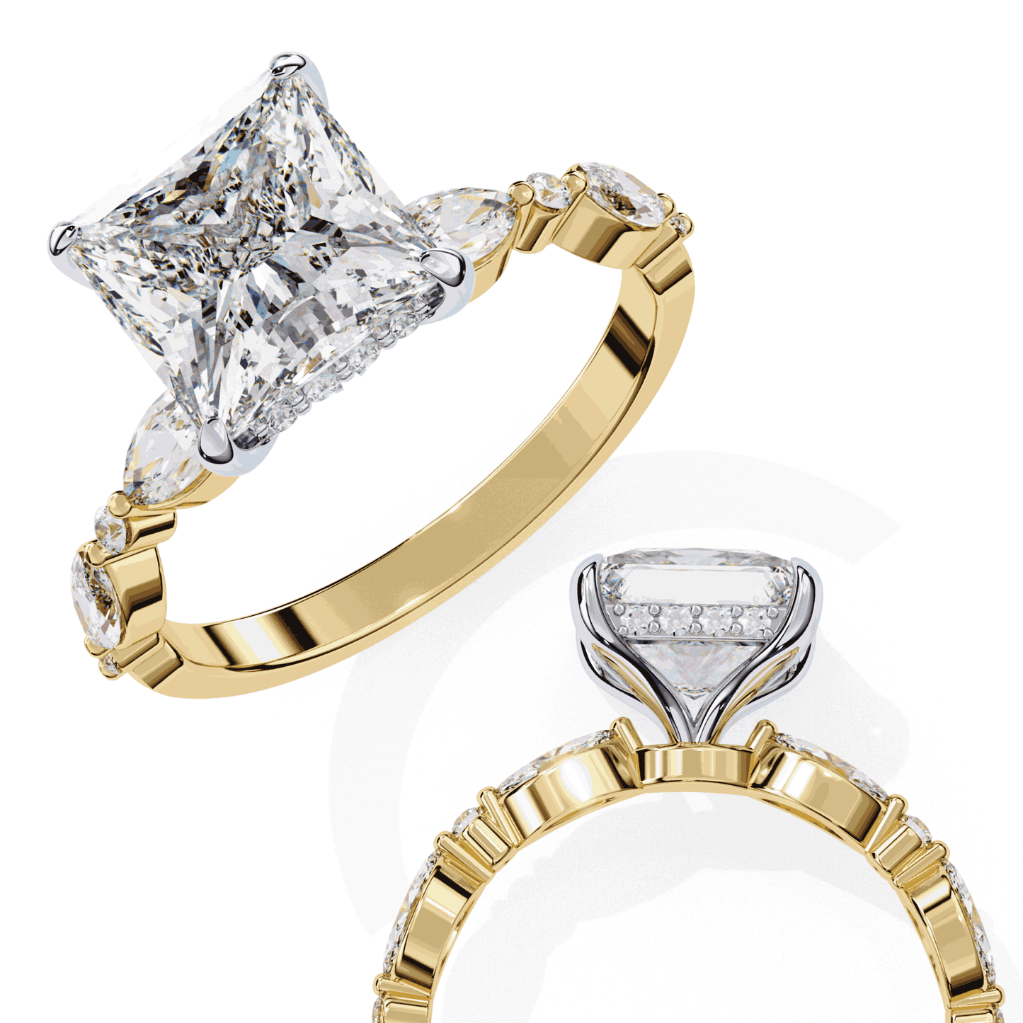 Princess Cut Lab Grown Diamond Hidden Halo Engagement Ring with Alternating Marquise and Round Accents