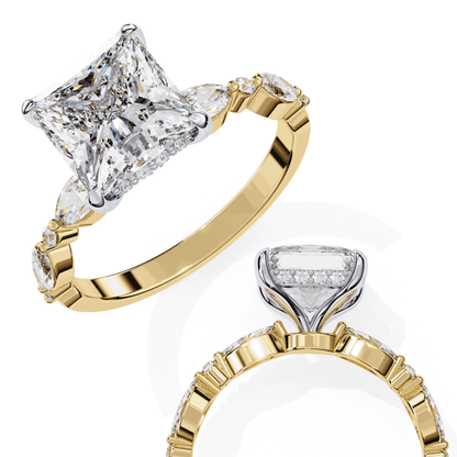 Princess Cut Lab Grown Diamond Hidden Halo Engagement Ring with Alternating Marquise and Round Accents