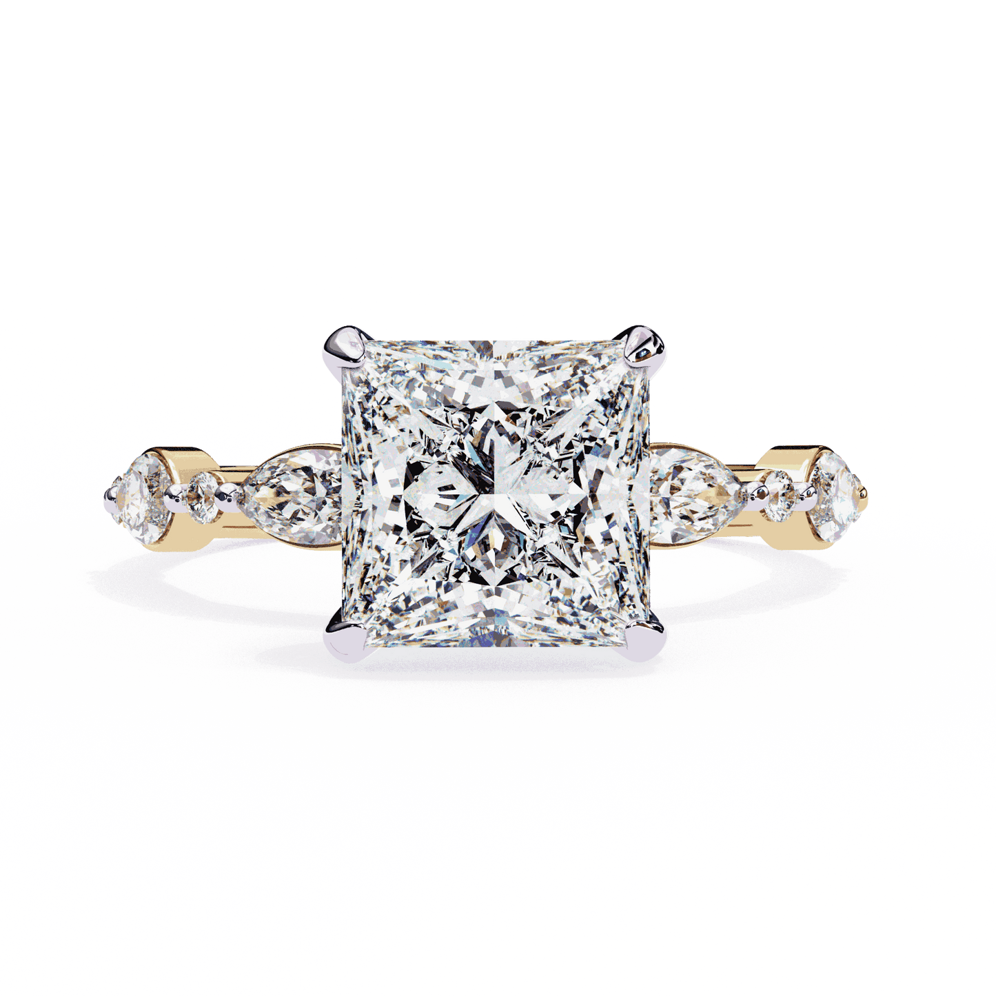 Princess Cut Lab Grown Diamond Hidden Halo Engagement Ring with Alternating Marquise and Round Accents