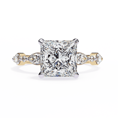 Princess Cut Lab Grown Diamond Hidden Halo Engagement Ring with Alternating Marquise and Round Accents