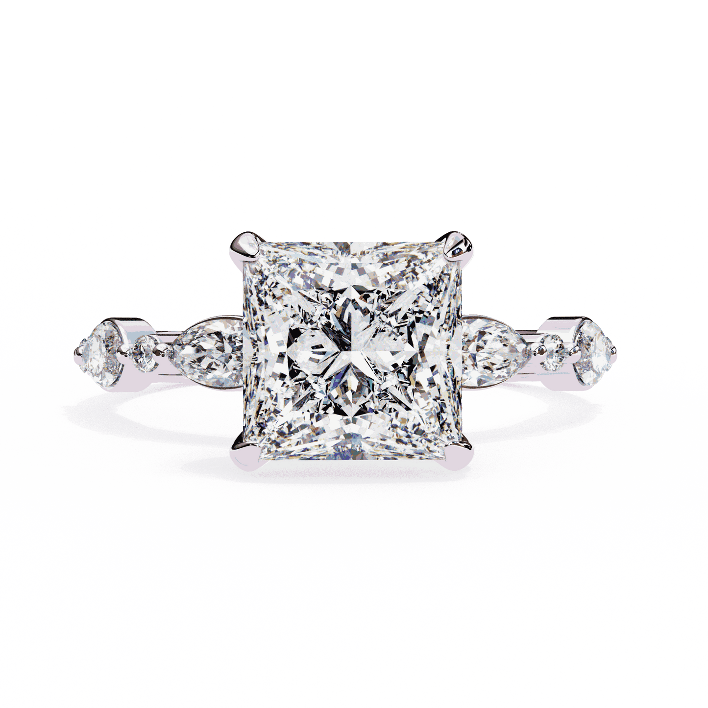 Princess Cut Lab Grown Diamond Hidden Halo Engagement Ring with Alternating Marquise and Round Accents
