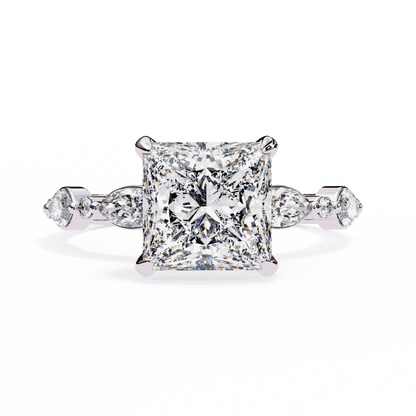 Princess Cut Lab Grown Diamond Hidden Halo Engagement Ring with Alternating Marquise and Round Accents